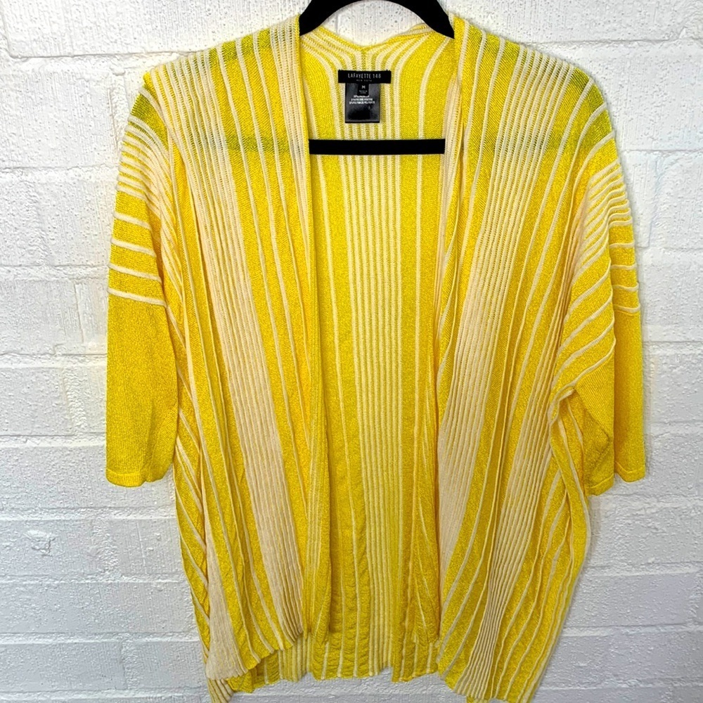 Lafayette 148 New York Linen Knit Yellow White Striped Cardigan size M